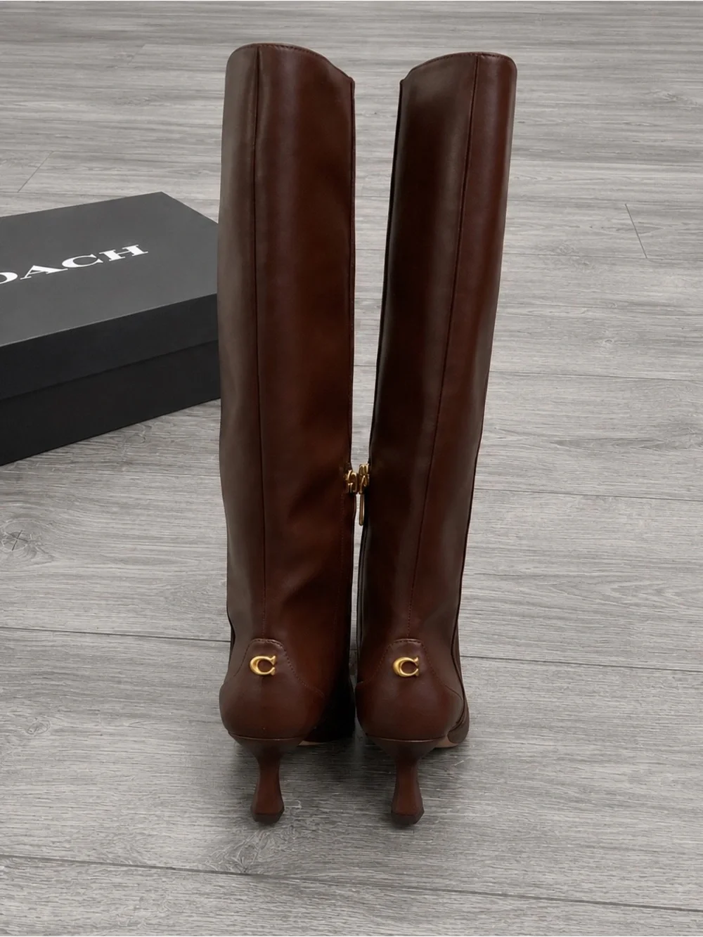NIB COACH Sculpt C Knee-High Leather Boots Maple Brown Size 6.5